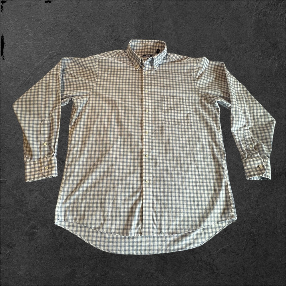 IZOD Button Down Shirt Mens L Blue Gingham Stretch Regular Fit